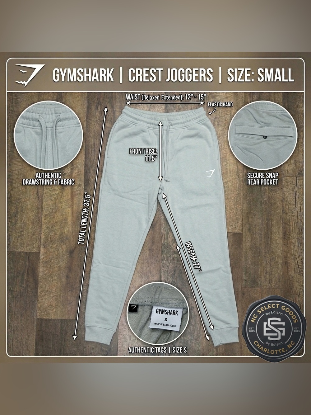 Gymshark Crest Joggers Mens Size Small Sage Green Tapered Sweatpants Snap Pocket - Picture 7 of 7